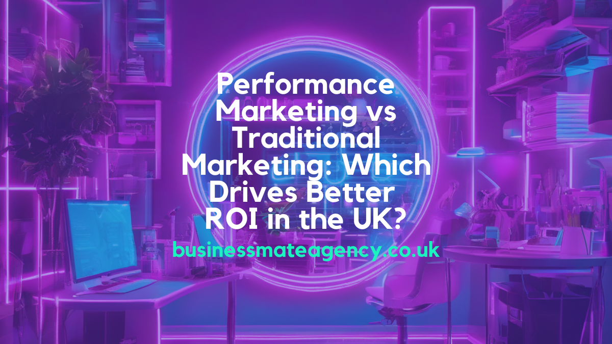 Business owner in the UK comparing performance and traditional marketing strategies on screen.