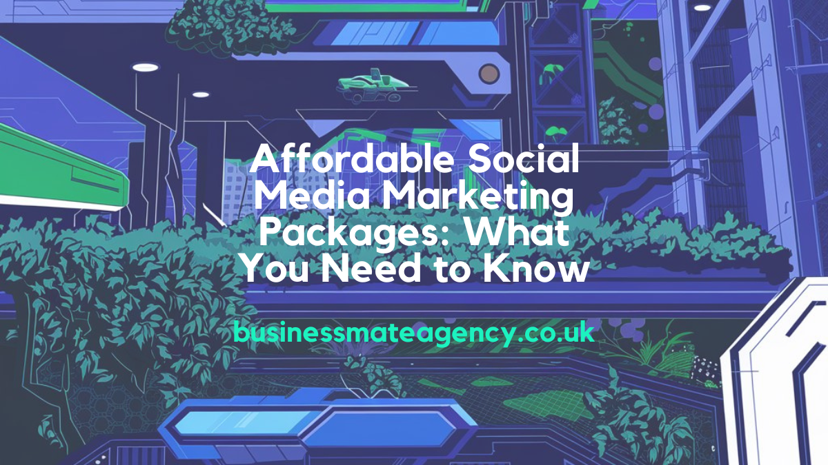 Business owner reviewing affordable social media marketing packages in the UK, with graphs and brand visuals.