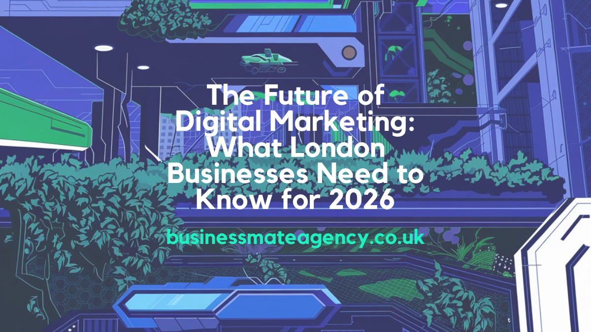 Futuristic London skyline blended with digital marketing icons and a retro-tech aesthetic.