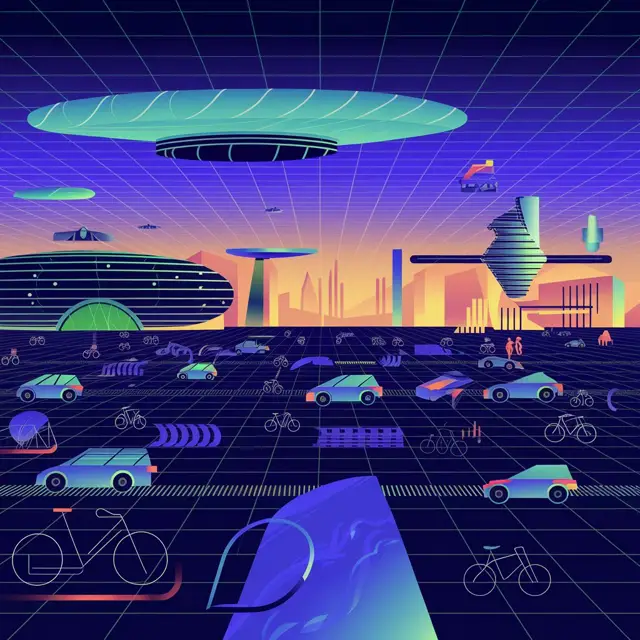 Illustration of a futuristic city where vehicles and structures move on a glowing grid