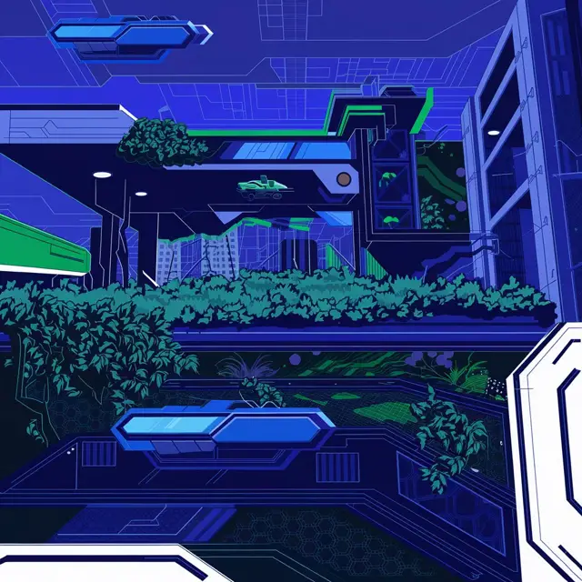 Illustration of a futuristic city where plants and technology grow together